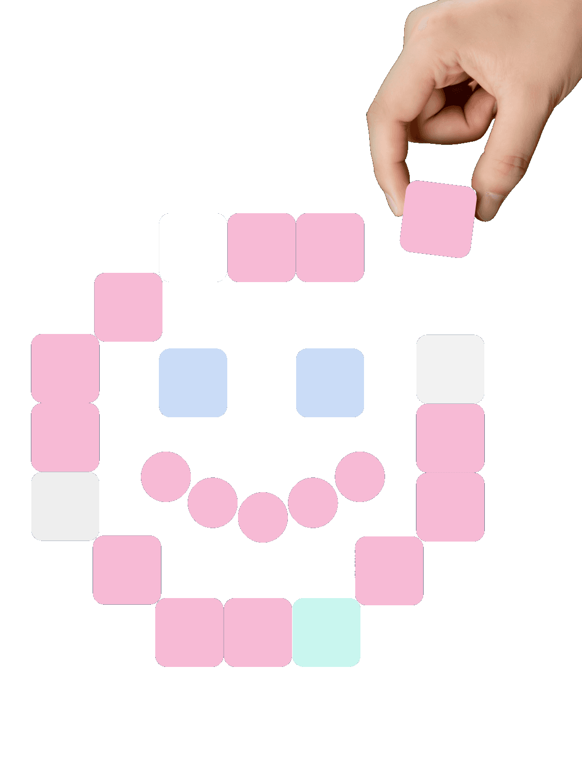 A smiling face built from soft pastel tiles, with a hand placing the final tile